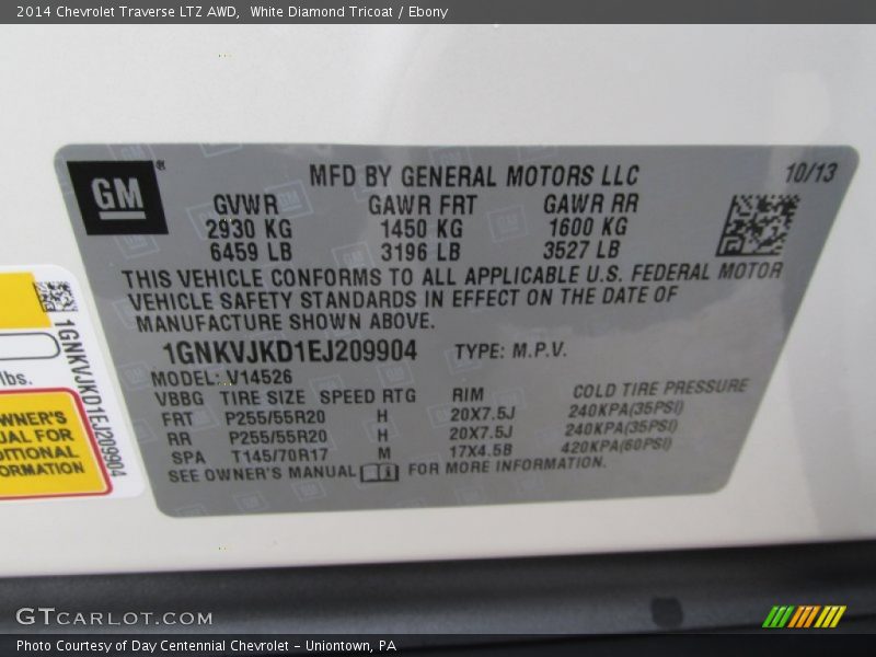 White Diamond Tricoat / Ebony 2014 Chevrolet Traverse LTZ AWD