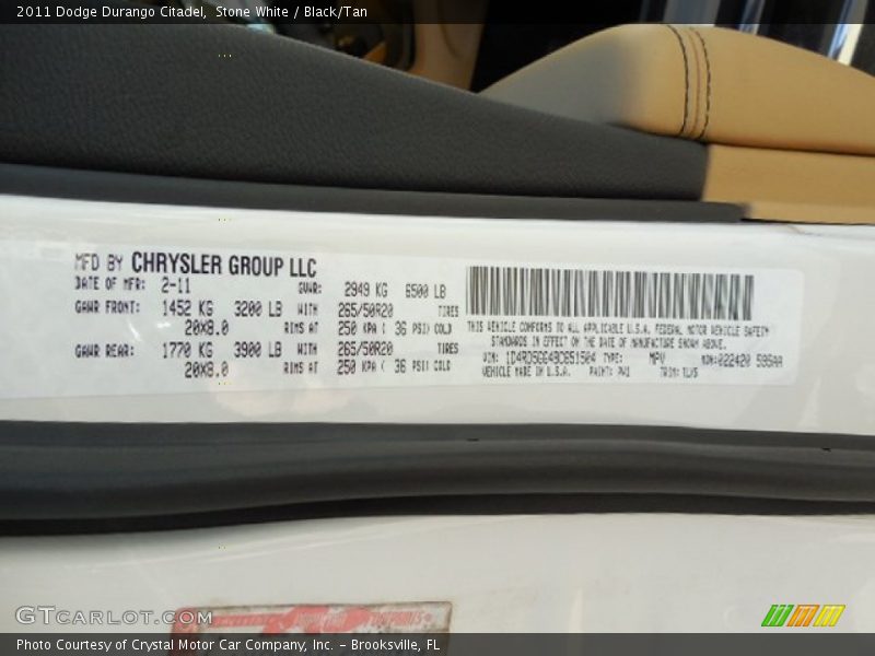 Stone White / Black/Tan 2011 Dodge Durango Citadel
