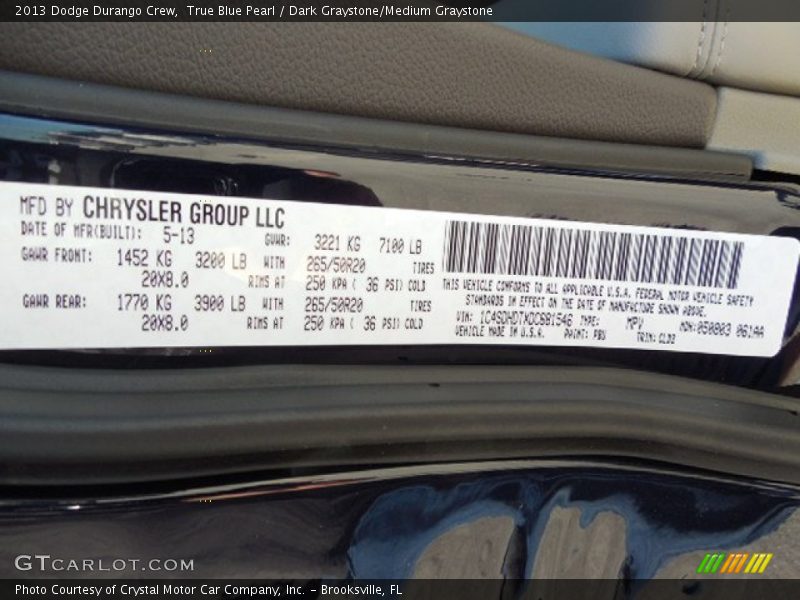 True Blue Pearl / Dark Graystone/Medium Graystone 2013 Dodge Durango Crew