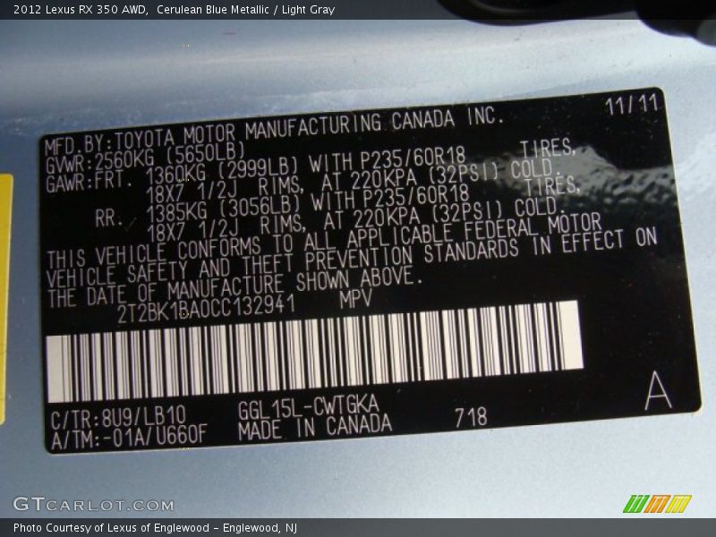 Cerulean Blue Metallic / Light Gray 2012 Lexus RX 350 AWD