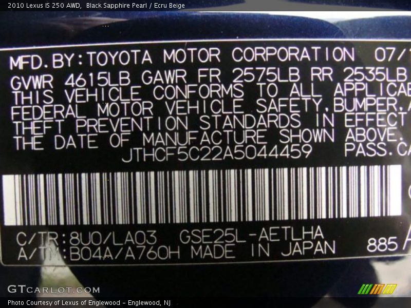 Black Sapphire Pearl / Ecru Beige 2010 Lexus IS 250 AWD