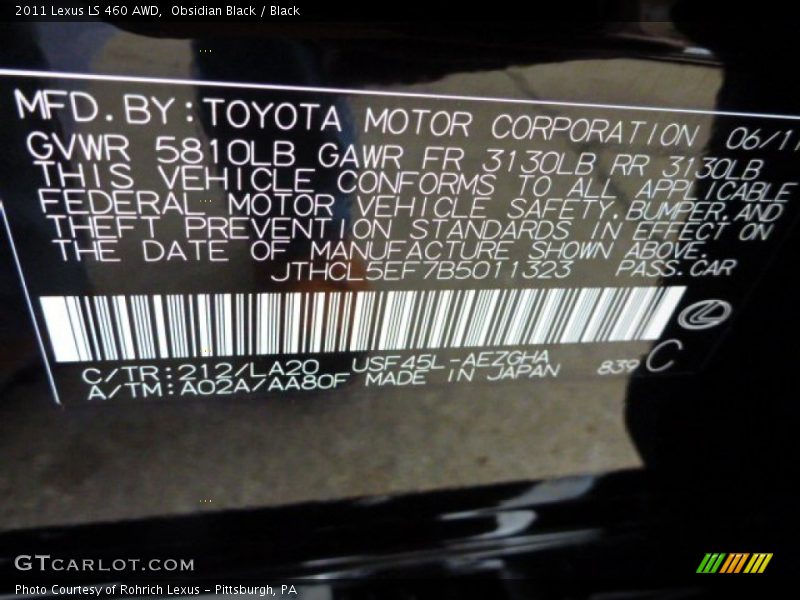 2011 LS 460 AWD Obsidian Black Color Code 212