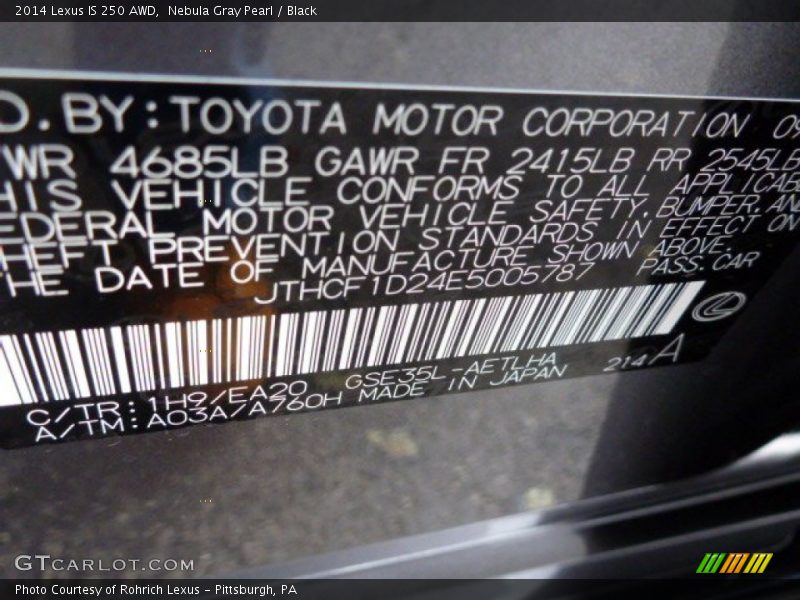 Nebula Gray Pearl / Black 2014 Lexus IS 250 AWD