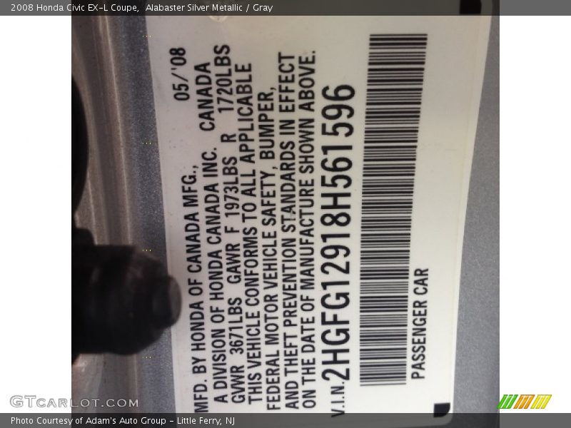 Alabaster Silver Metallic / Gray 2008 Honda Civic EX-L Coupe