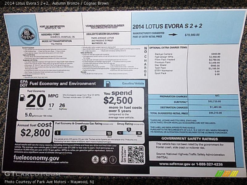  2014 Evora S 2+2 Window Sticker