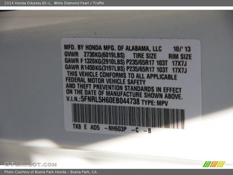 White Diamond Pearl / Truffle 2014 Honda Odyssey EX-L