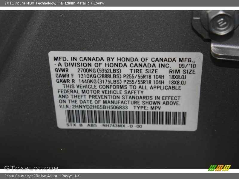 Palladium Metallic / Ebony 2011 Acura MDX Technology