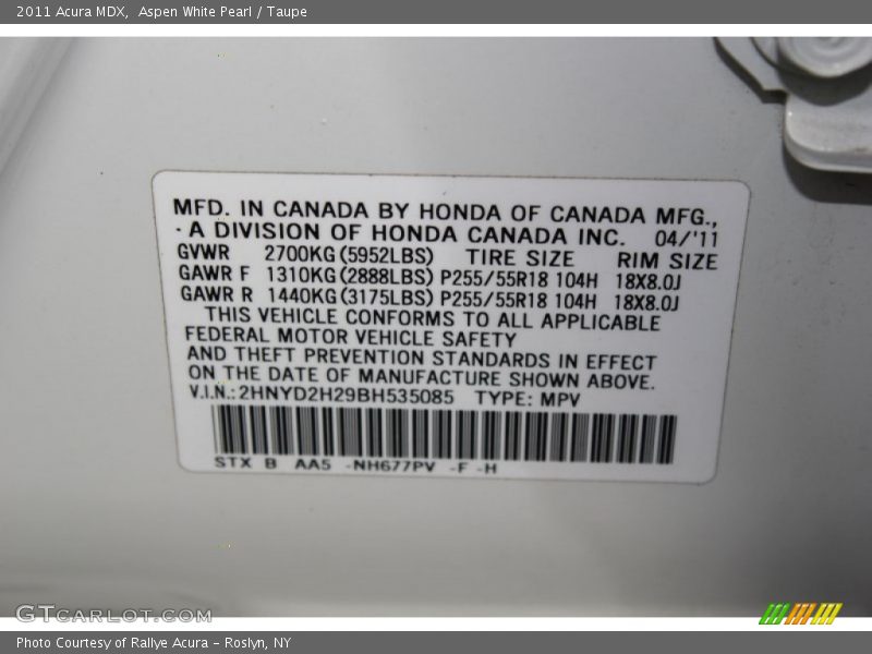 Aspen White Pearl / Taupe 2011 Acura MDX