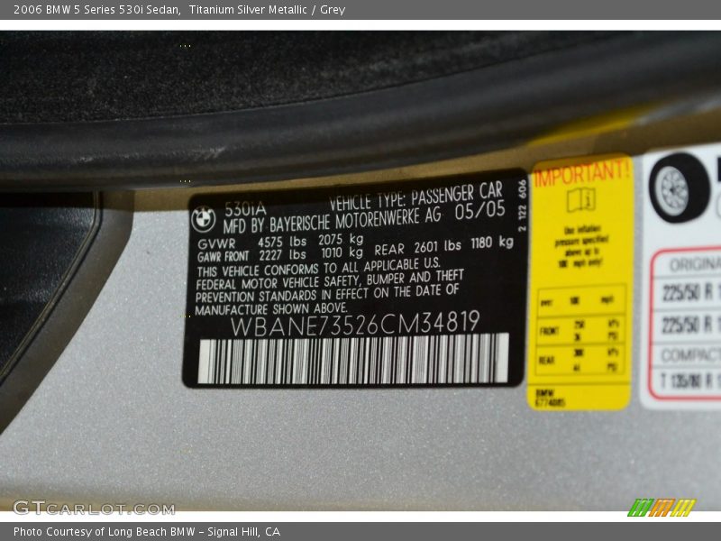 Titanium Silver Metallic / Grey 2006 BMW 5 Series 530i Sedan
