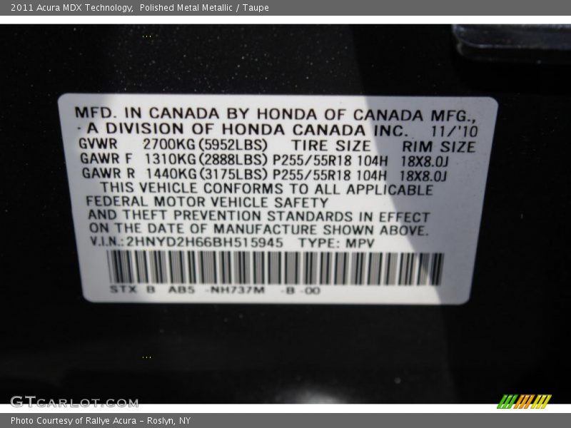 Polished Metal Metallic / Taupe 2011 Acura MDX Technology