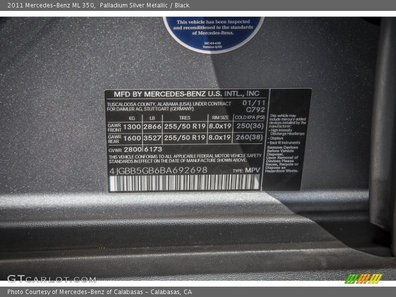 Palladium Silver Metallic / Black 2011 Mercedes-Benz ML 350