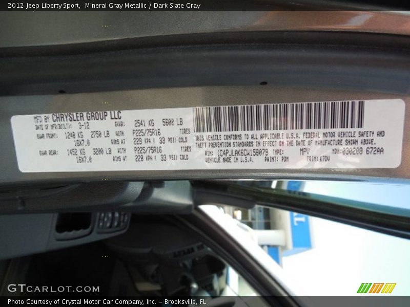Mineral Gray Metallic / Dark Slate Gray 2012 Jeep Liberty Sport