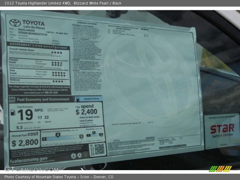 Blizzard White Pearl / Black 2013 Toyota Highlander Limited 4WD