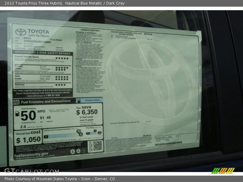Nautical Blue Metallic / Dark Gray 2013 Toyota Prius Three Hybrid
