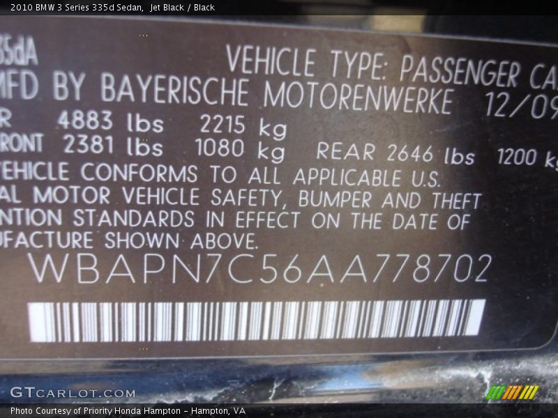 Jet Black / Black 2010 BMW 3 Series 335d Sedan