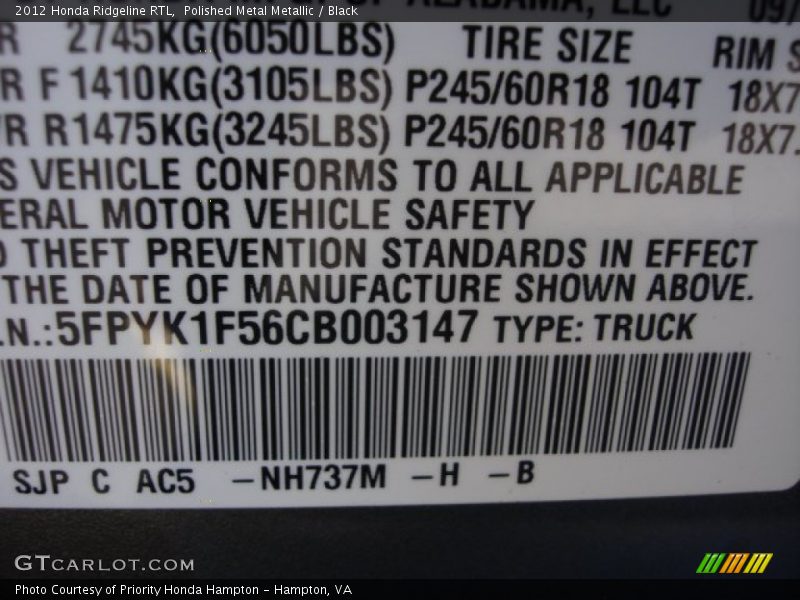 Polished Metal Metallic / Black 2012 Honda Ridgeline RTL