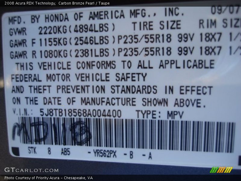 Carbon Bronze Pearl / Taupe 2008 Acura RDX Technology