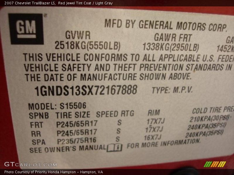 Red Jewel Tint Coat / Light Gray 2007 Chevrolet TrailBlazer LS