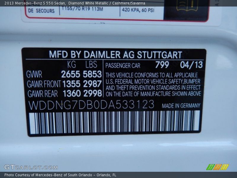 Diamond White Metallic / Cashmere/Savanna 2013 Mercedes-Benz S 550 Sedan