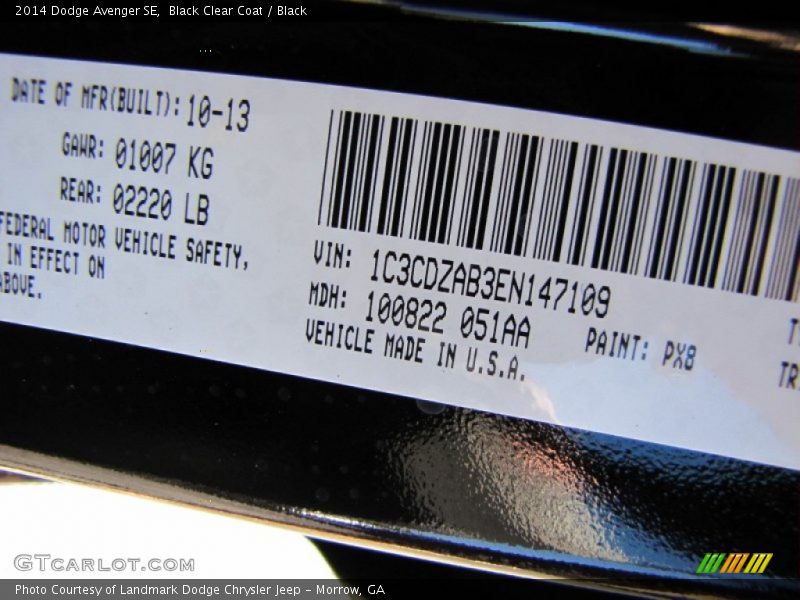 Black Clear Coat / Black 2014 Dodge Avenger SE