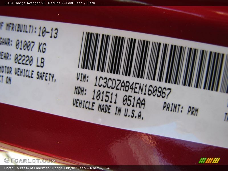Redline 2-Coat Pearl / Black 2014 Dodge Avenger SE