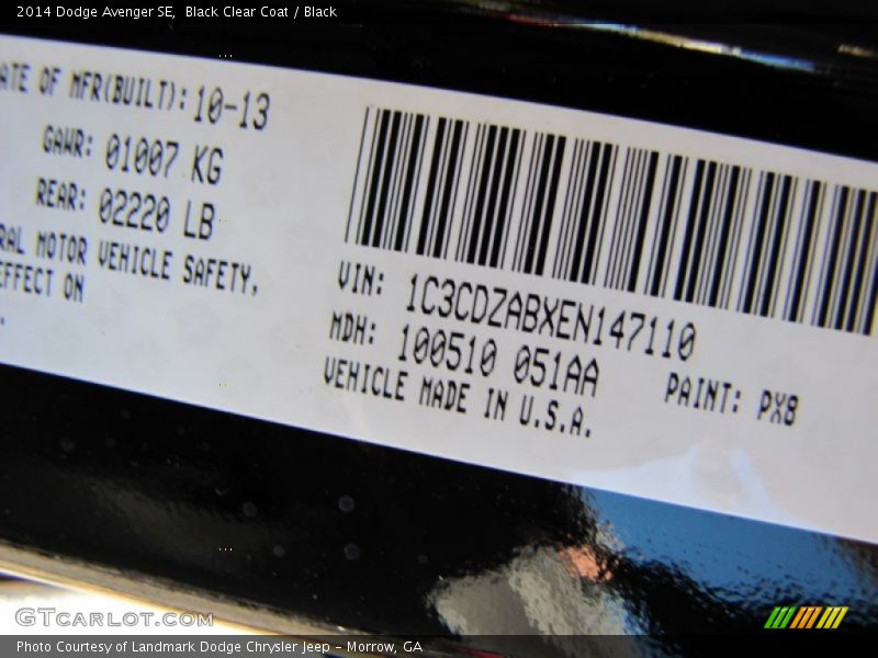 Black Clear Coat / Black 2014 Dodge Avenger SE