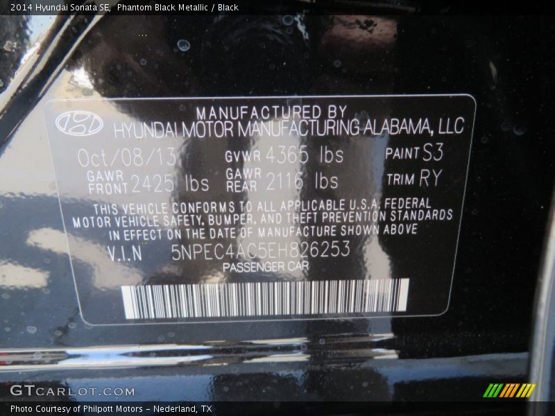 Phantom Black Metallic / Black 2014 Hyundai Sonata SE