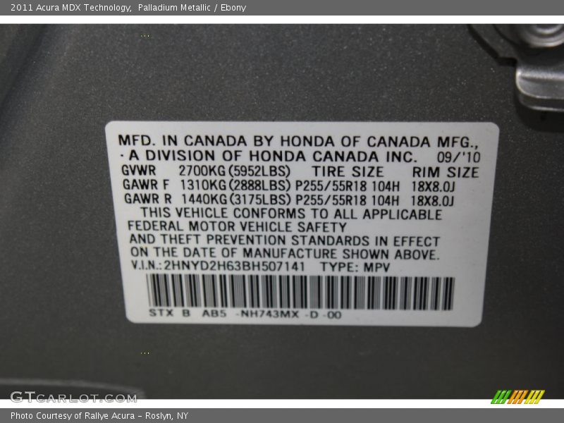 Palladium Metallic / Ebony 2011 Acura MDX Technology