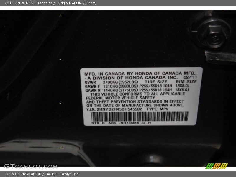Grigio Metallic / Ebony 2011 Acura MDX Technology