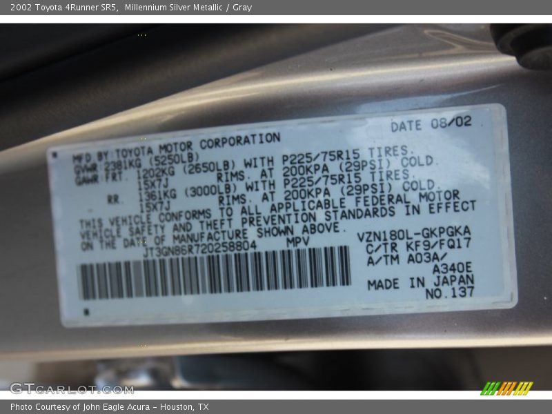 Millennium Silver Metallic / Gray 2002 Toyota 4Runner SR5