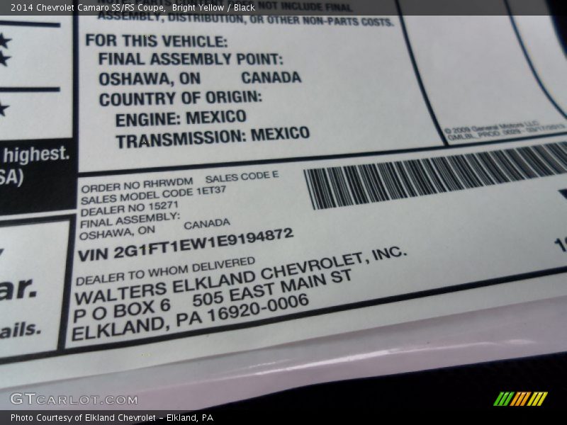 Bright Yellow / Black 2014 Chevrolet Camaro SS/RS Coupe