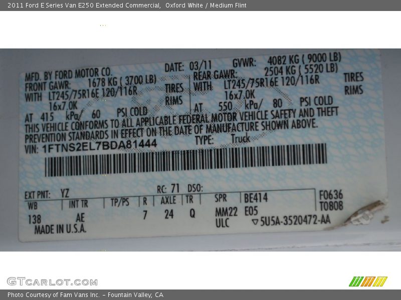Oxford White / Medium Flint 2011 Ford E Series Van E250 Extended Commercial