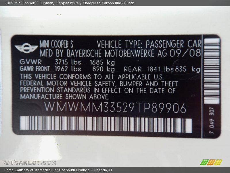 Pepper White / Checkered Carbon Black/Black 2009 Mini Cooper S Clubman