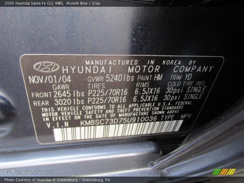 Moonlit Blue / Gray 2005 Hyundai Santa Fe GLS 4WD