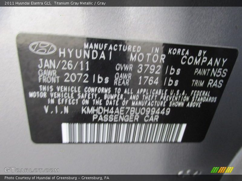 Titanium Gray Metallic / Gray 2011 Hyundai Elantra GLS