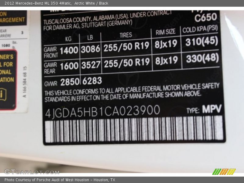 Arctic White / Black 2012 Mercedes-Benz ML 350 4Matic