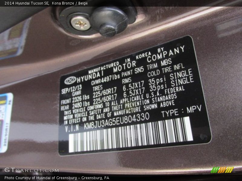 2014 Tucson SE Kona Bronze Color Code SN5
