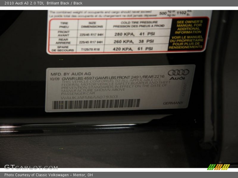 Brilliant Black / Black 2010 Audi A3 2.0 TDI