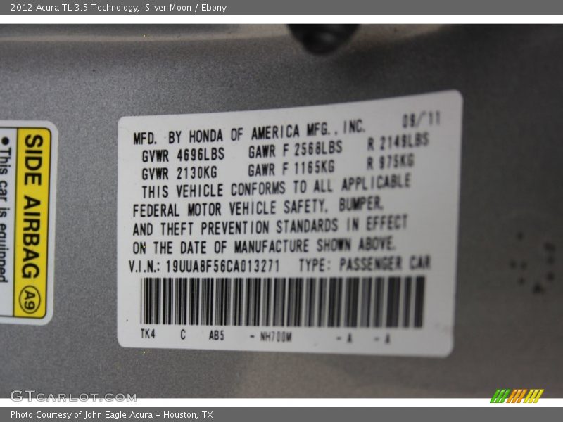 Silver Moon / Ebony 2012 Acura TL 3.5 Technology