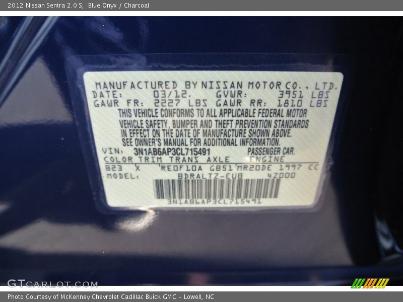 Blue Onyx / Charcoal 2012 Nissan Sentra 2.0 S