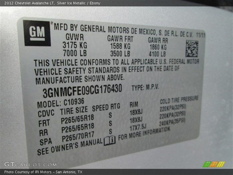 Silver Ice Metallic / Ebony 2012 Chevrolet Avalanche LT