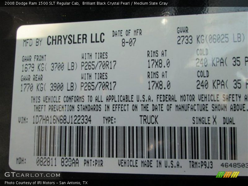 Brilliant Black Crystal Pearl / Medium Slate Gray 2008 Dodge Ram 1500 SLT Regular Cab