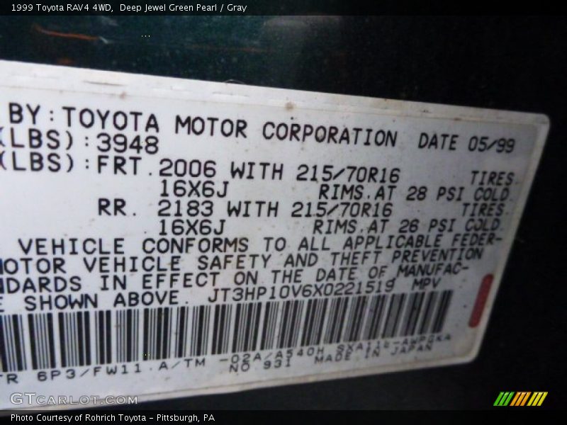 Deep Jewel Green Pearl / Gray 1999 Toyota RAV4 4WD