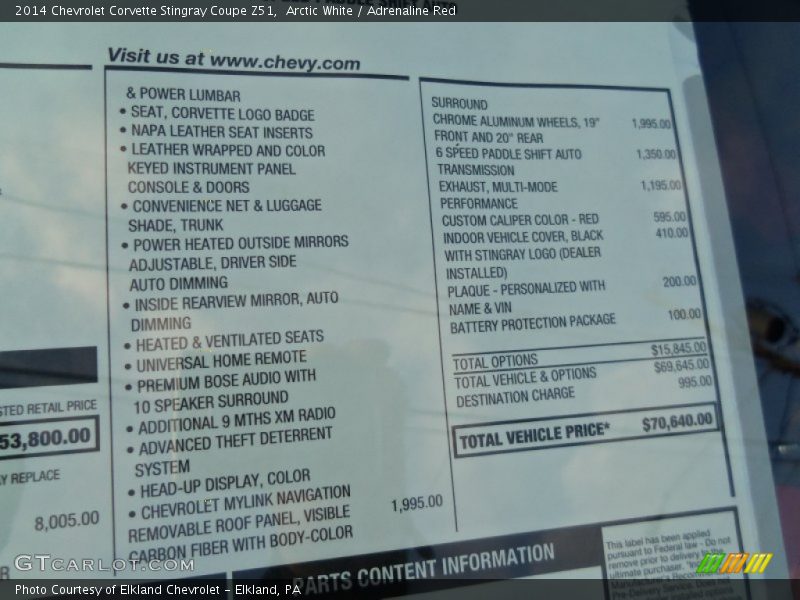  2014 Corvette Stingray Coupe Z51 Window Sticker