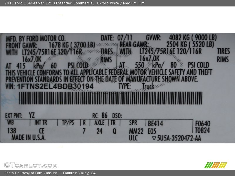 Oxford White / Medium Flint 2011 Ford E Series Van E250 Extended Commercial