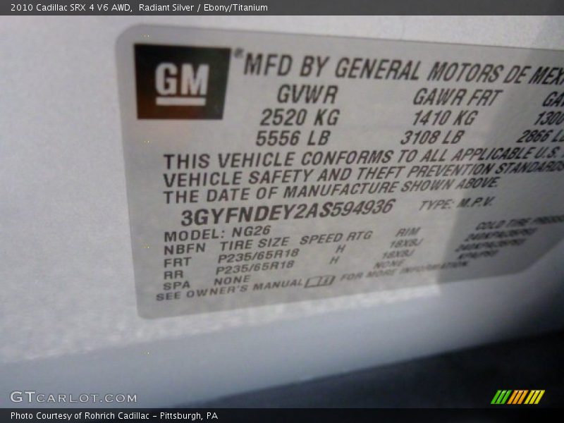 Radiant Silver / Ebony/Titanium 2010 Cadillac SRX 4 V6 AWD