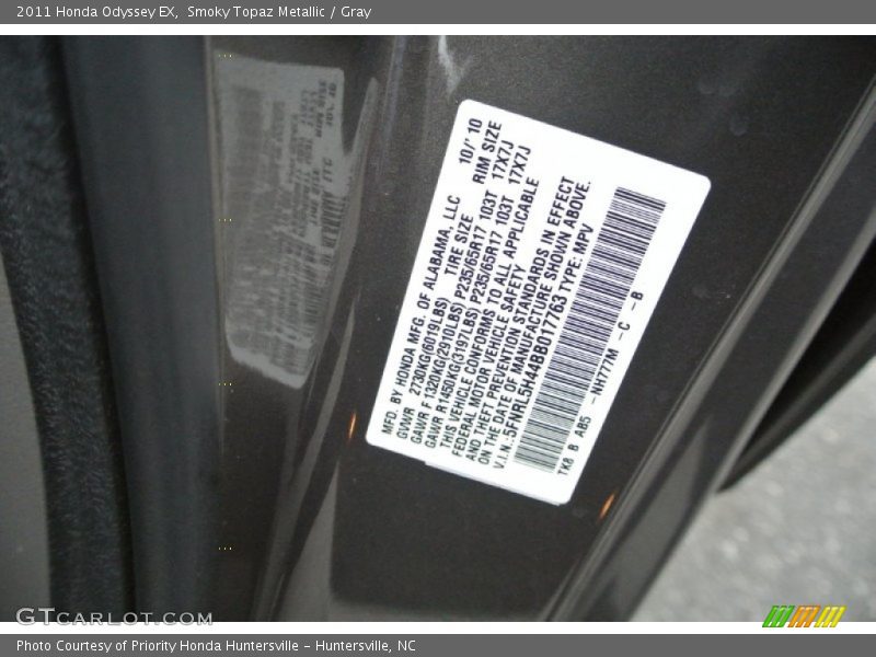 Smoky Topaz Metallic / Gray 2011 Honda Odyssey EX