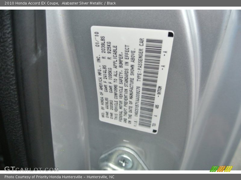 Alabaster Silver Metallic / Black 2010 Honda Accord EX Coupe