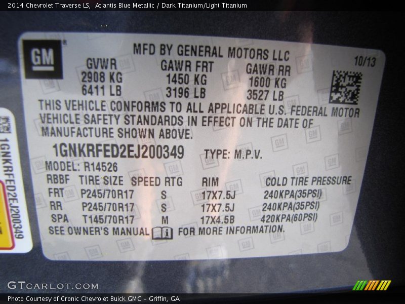 Atlantis Blue Metallic / Dark Titanium/Light Titanium 2014 Chevrolet Traverse LS
