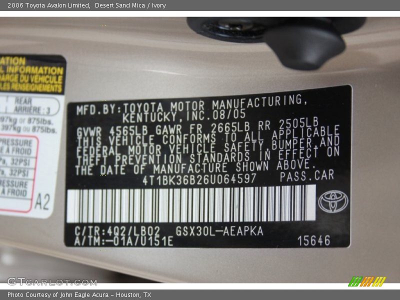 Desert Sand Mica / Ivory 2006 Toyota Avalon Limited